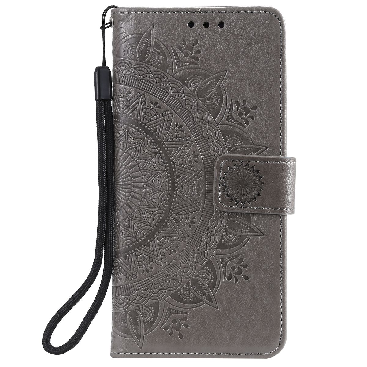 Graue Handyhülle mit Mandala-Design, geschlossen. Schwarze Handschlaufe angebracht.
