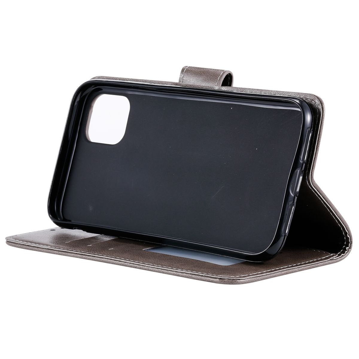 Graue Leder-Handyhülle, geöffnet, um ein Telefon zu zeigen. Im Inneren befindet sich eine schwarze Handyhülle.