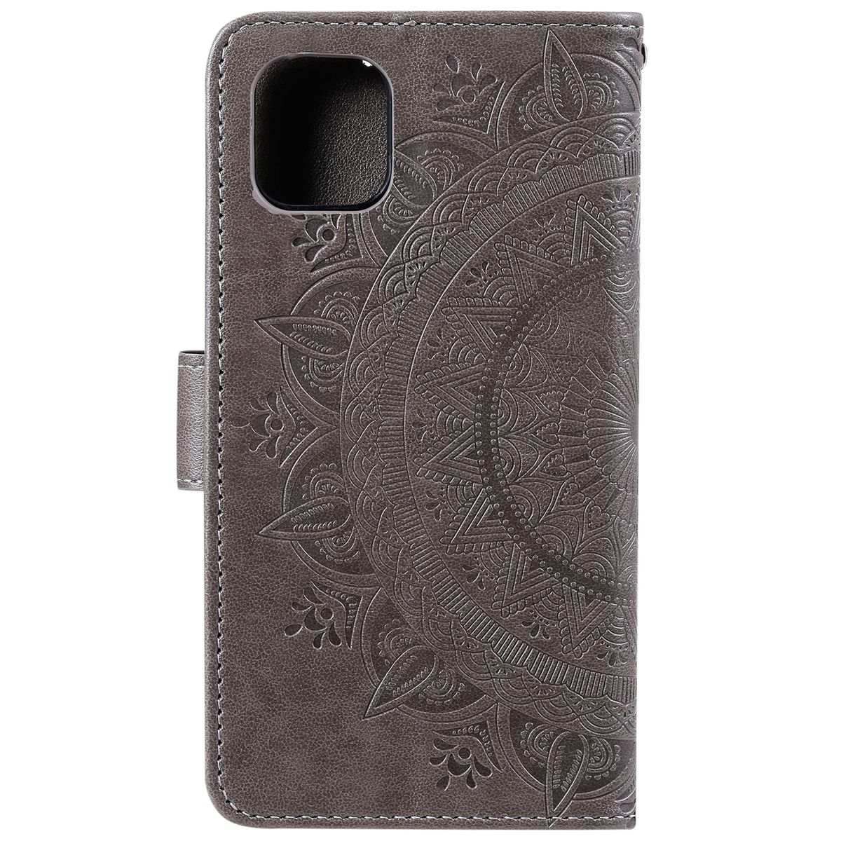Graue Handyhülle mit geprägtem Mandala-Design.