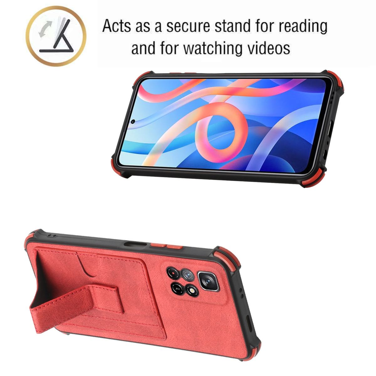 Rote und schwarze Handyhülle mit Ständerfunktion und einem Telefon darin.