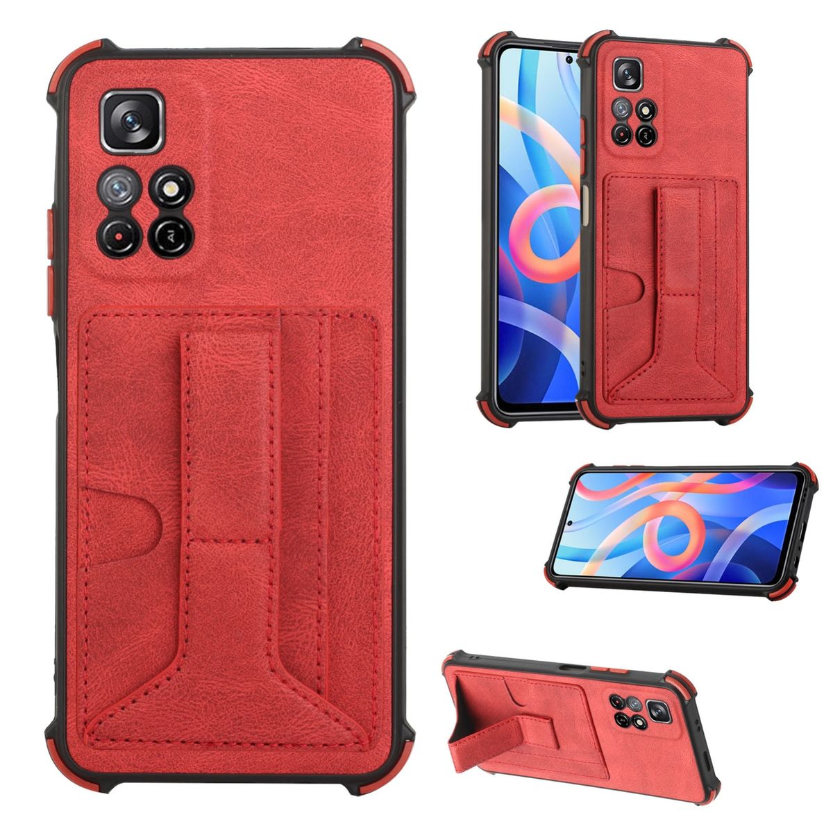 Rote Handyhülle mit Telefon darin. Der Koffer ist offen. Weißer Hintergrund.