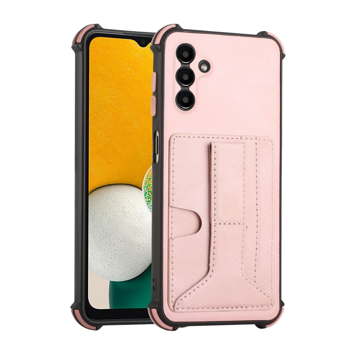 Rosa Handyhülle mit Kartenfach. Telefon im Hintergrund.