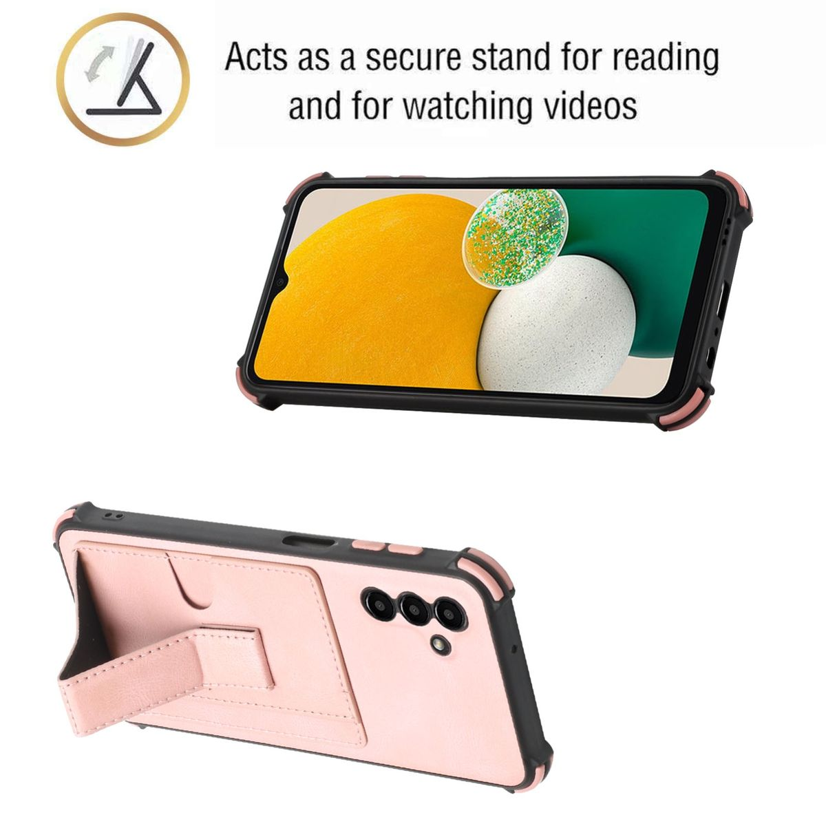Rosa Handyhülle mit Ständer. Telefon mit gelbem und weißem Hintergrund, schwarzer Rahmen.