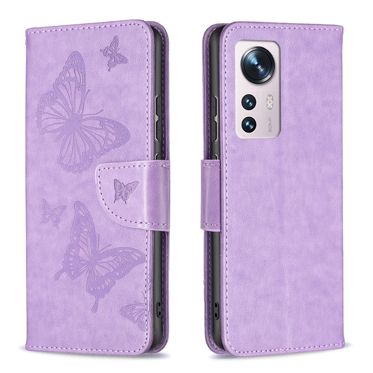 Lila Handyhülle mit Schmetterlingsdesign. Geöffnet, um das Telefon zu zeigen.