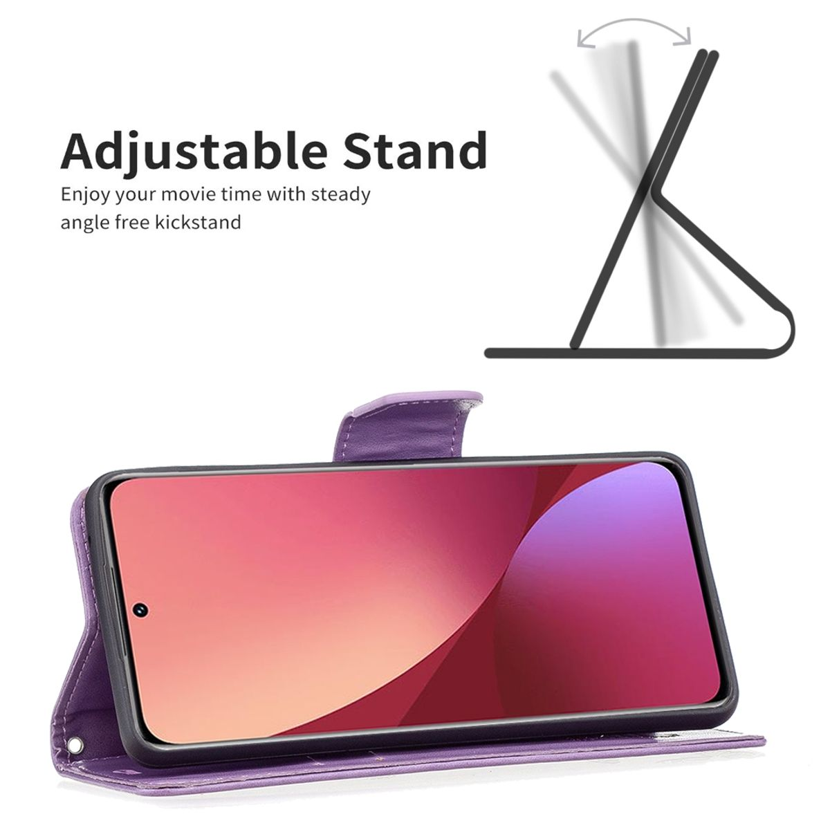 Lila Handyhülle mit einem Telefon darin, das in einem Winkel steht. Einstellbarer Ständer gezeigt.