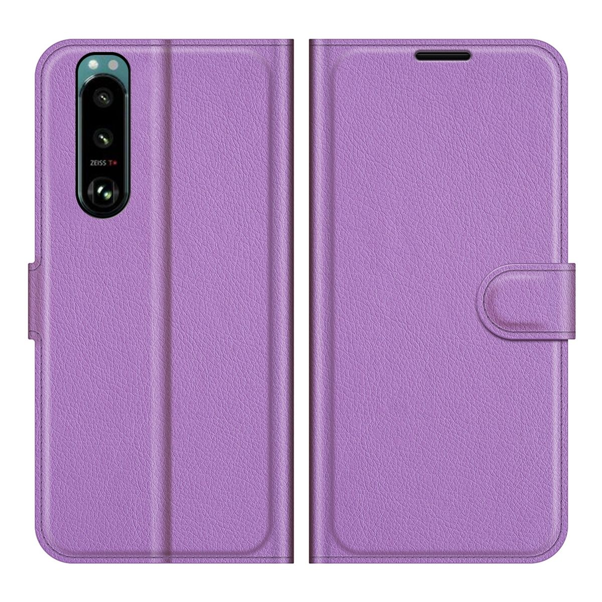 Lila Handyhülle, geschlossen. Telefonkamera sichtbar. Weißer Hintergrund.