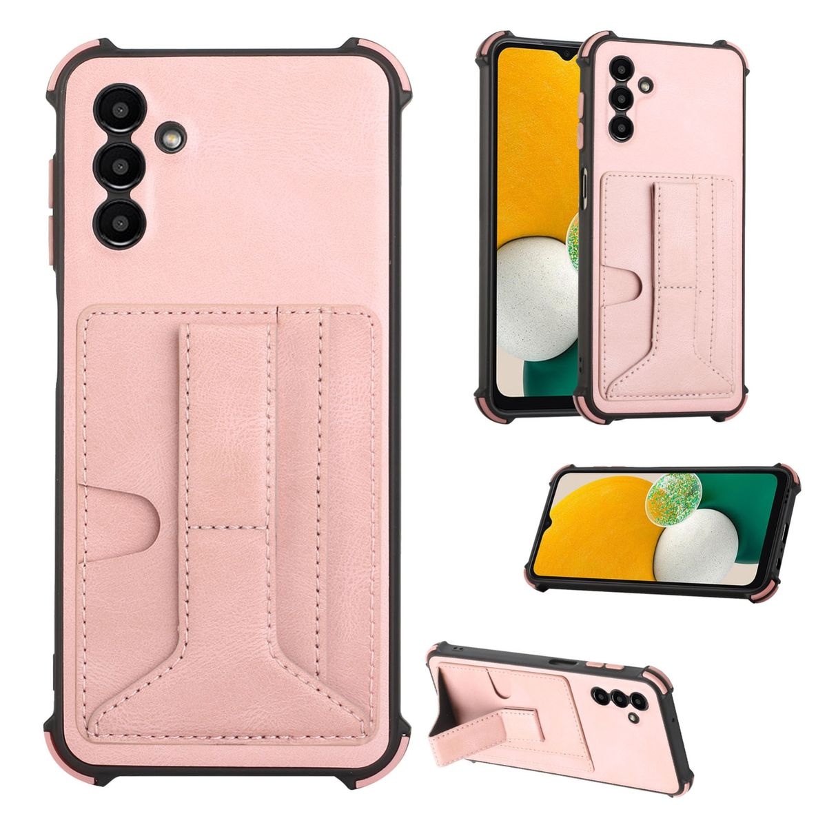 Rosa Handyhülle mit Wallet-Design, mit Aussparungen für Karten und ein Telefon. Mehrere Winkel werden angezeigt.