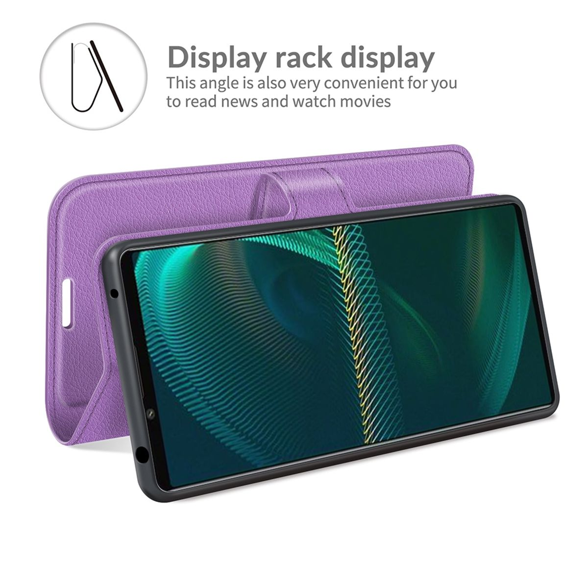 Lila Handyhülle offen, mit Telefon innen und Text über Display-Rack.
