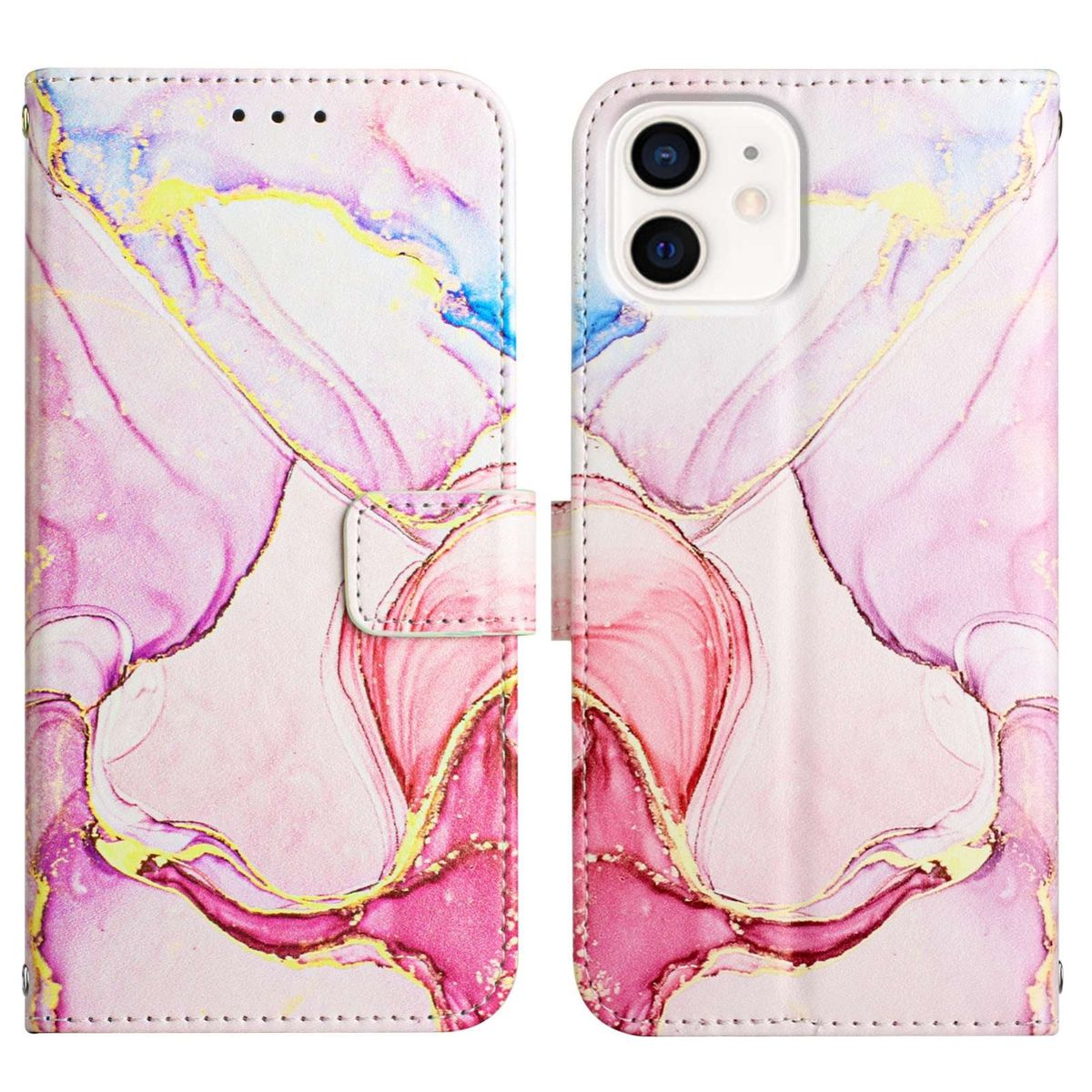 Smartphone-Hülle mit farbenfrohem Marmordesign, geöffnet, um Telefon und Kartenfächer zu zeigen.