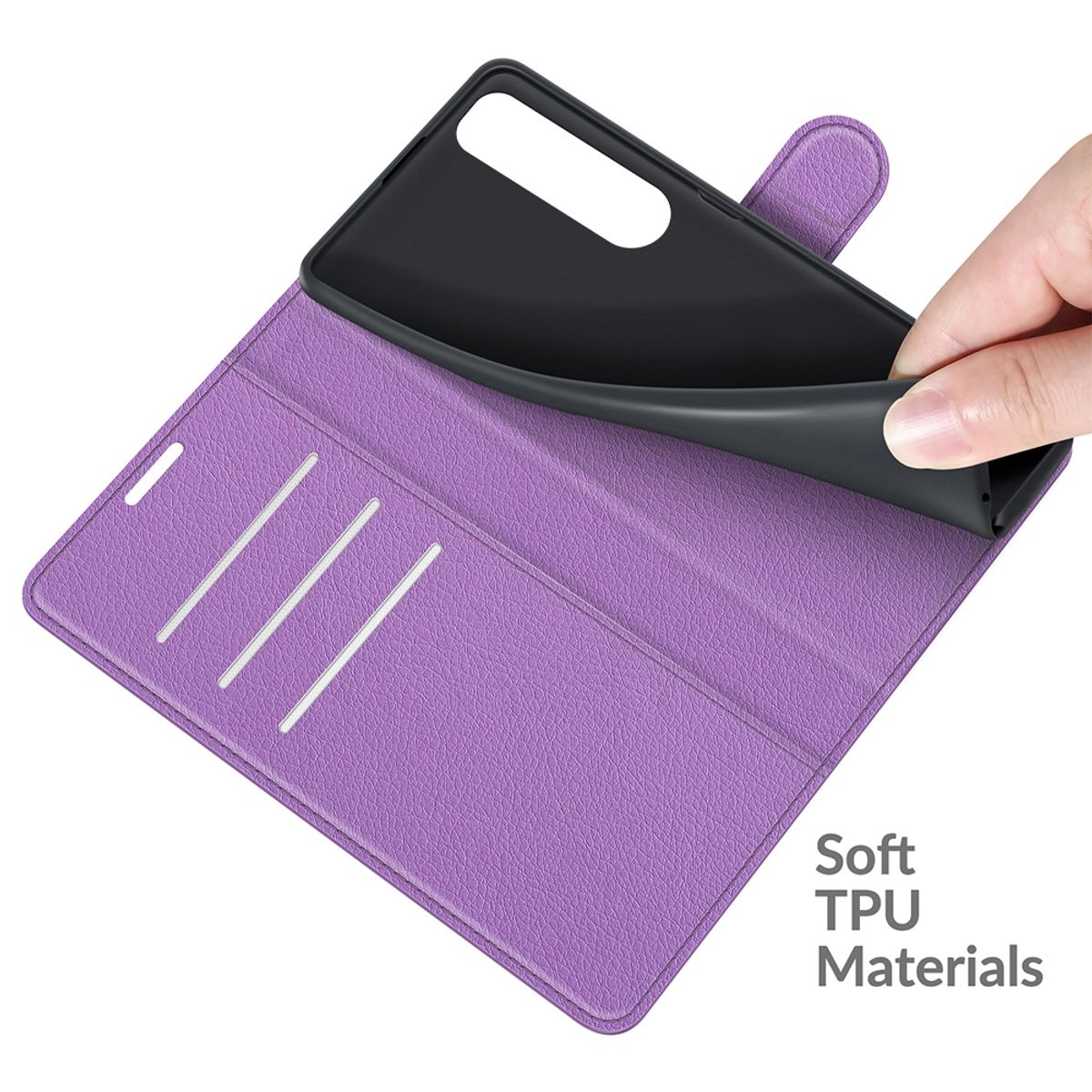 Lila Handyhülle, offen, Telefon wird eingesetzt. Weiches TPU-Material.
