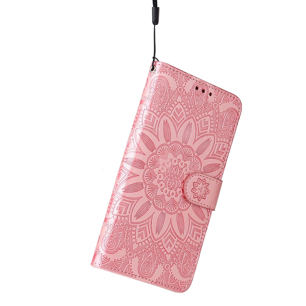 Rosa Handyhülle mit floralem Design. Ein Handgelenksriemen ist ebenfalls an der Hülle befestigt.