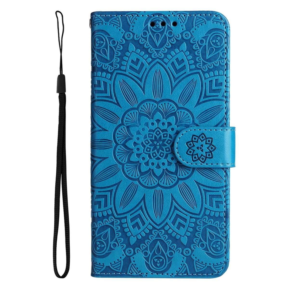 Blaue Handyhülle mit Mandala-Design, geschlossen. Schwarzer Riemen befestigt.