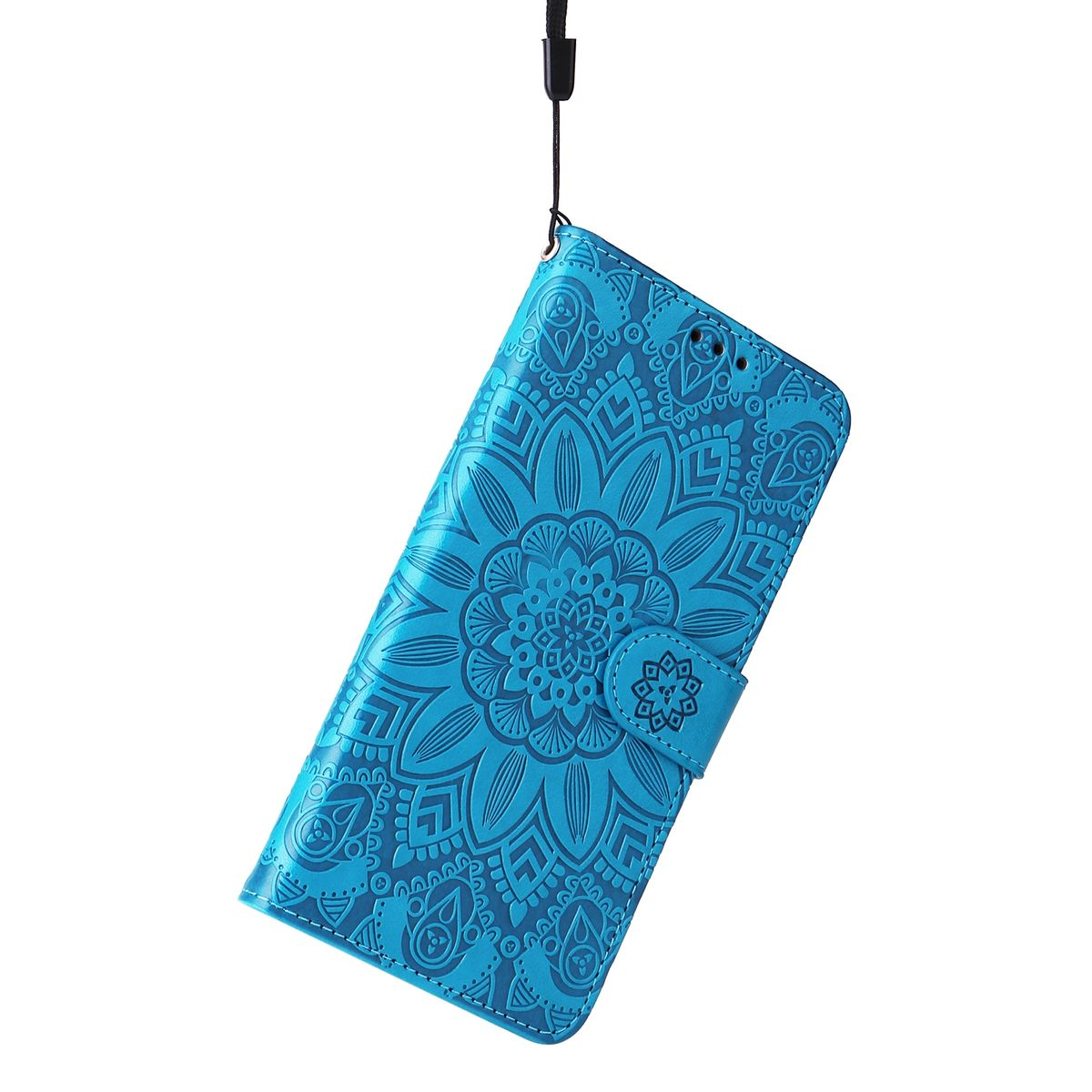Blaue Handyhülle mit Design und Band. Die Hülle hängt.
