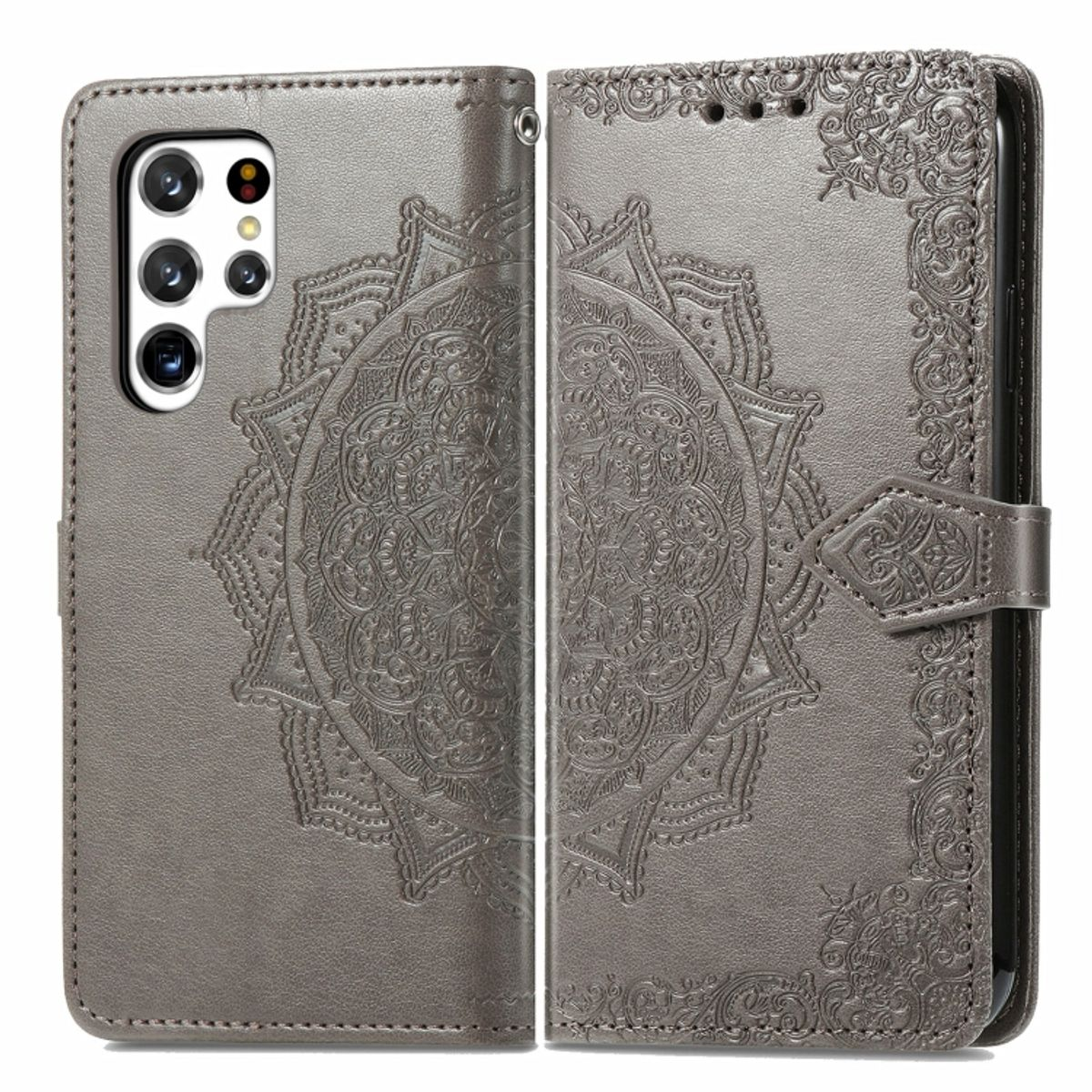 Graue Handyhülle mit Mandala-Design. Geöffnet, Telefon zeigend. Mit Magnetverschluss.