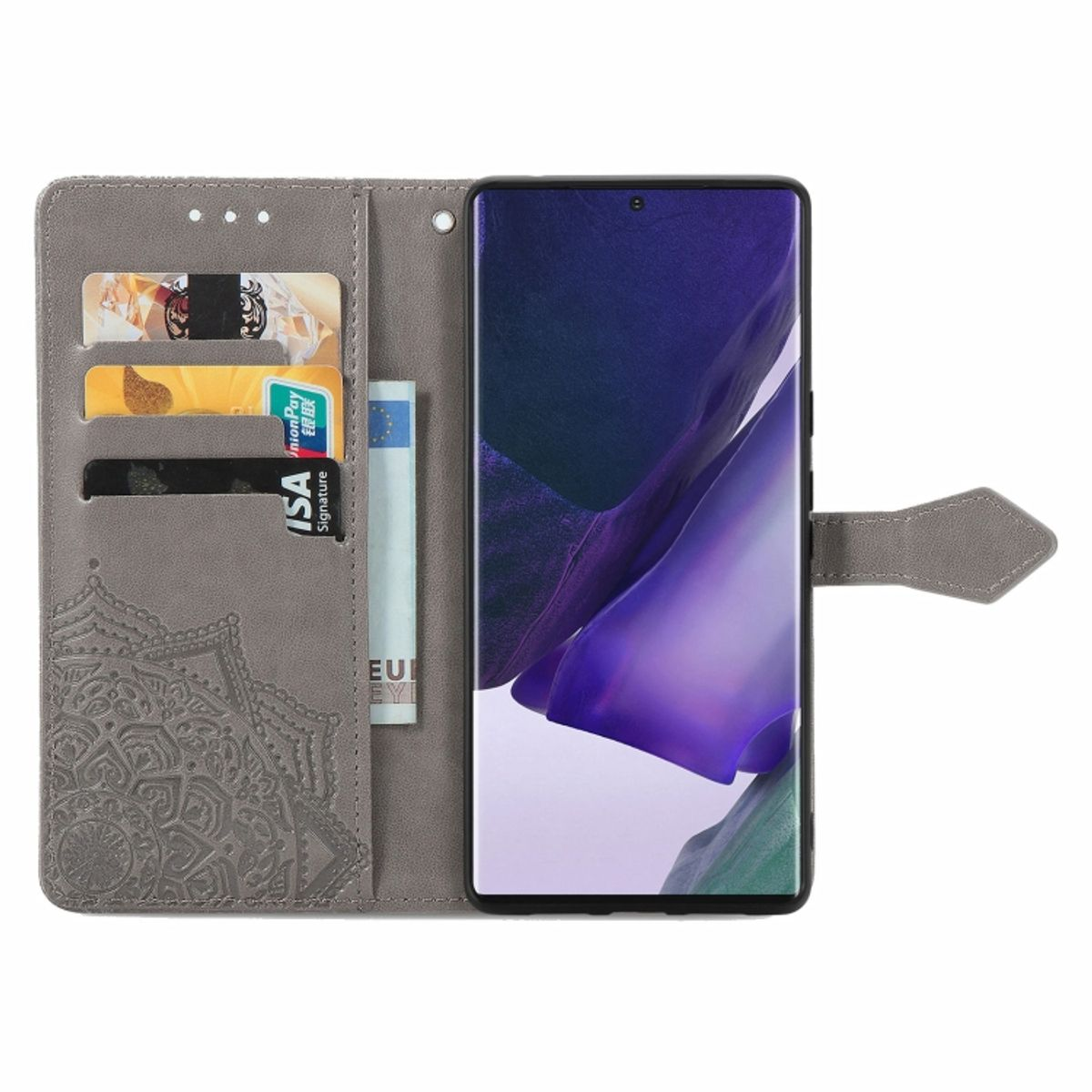 Graue Handyhülle mit Karten, Geld und einem Telefon. Der Hintergrund ist weiß.