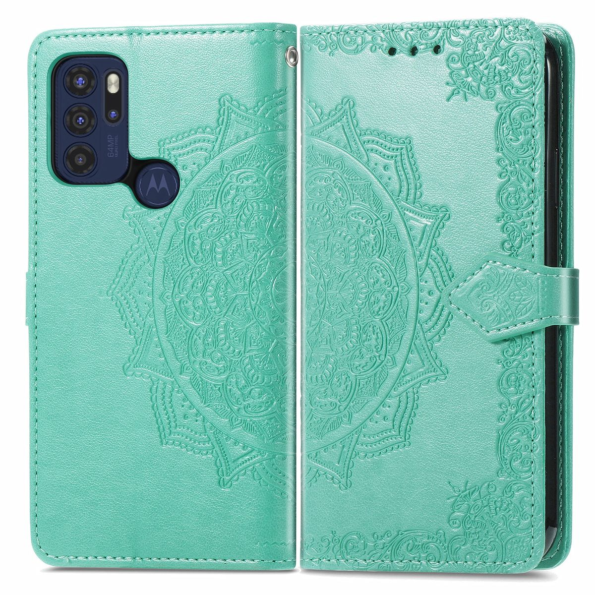 Minzgrüne Handyhülle mit Mandala-Design, offen, um ein Telefon zu zeigen.
