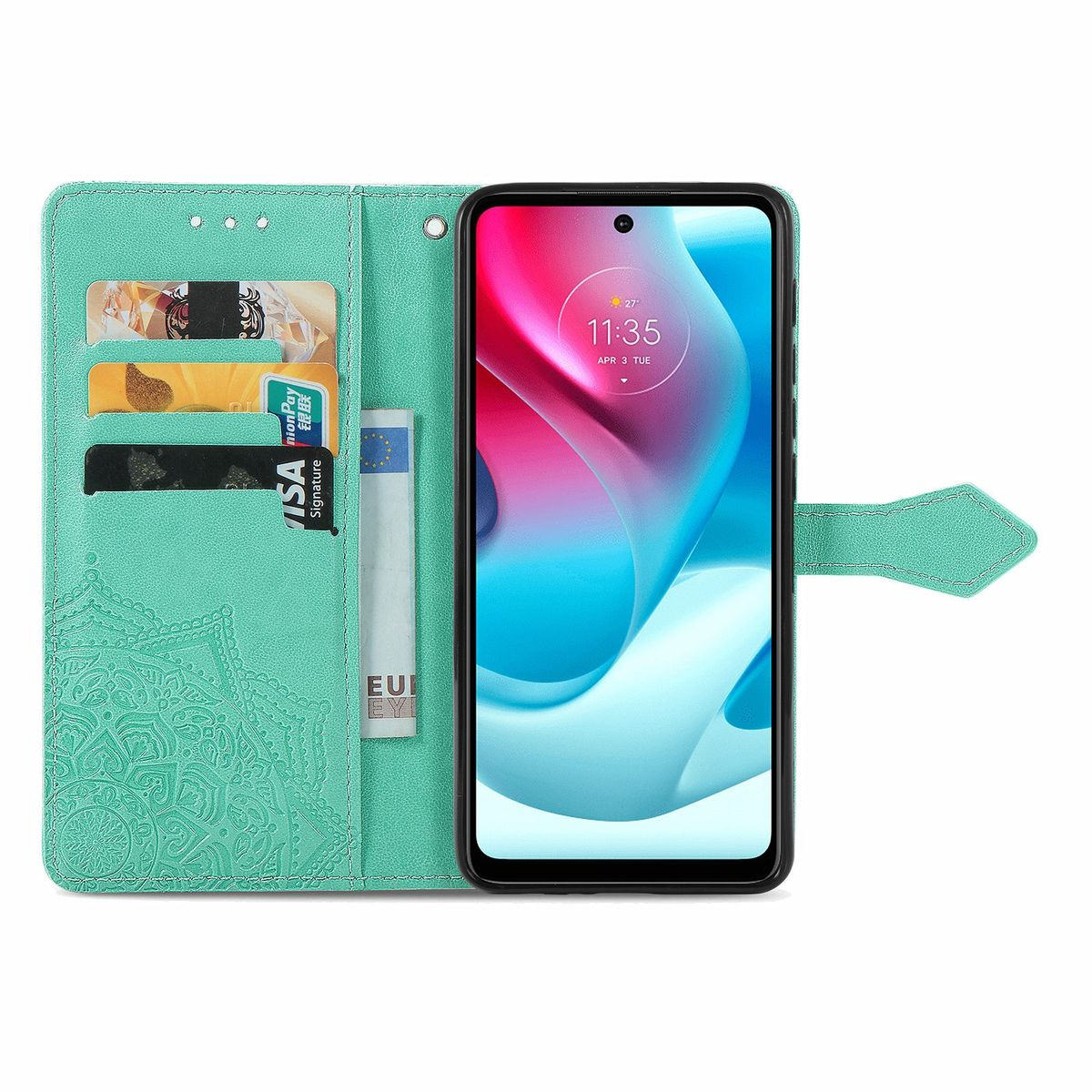 Offene mintfarbene Handyhülle mit Karten, Bargeld und Telefon. Weißer Hintergrund.