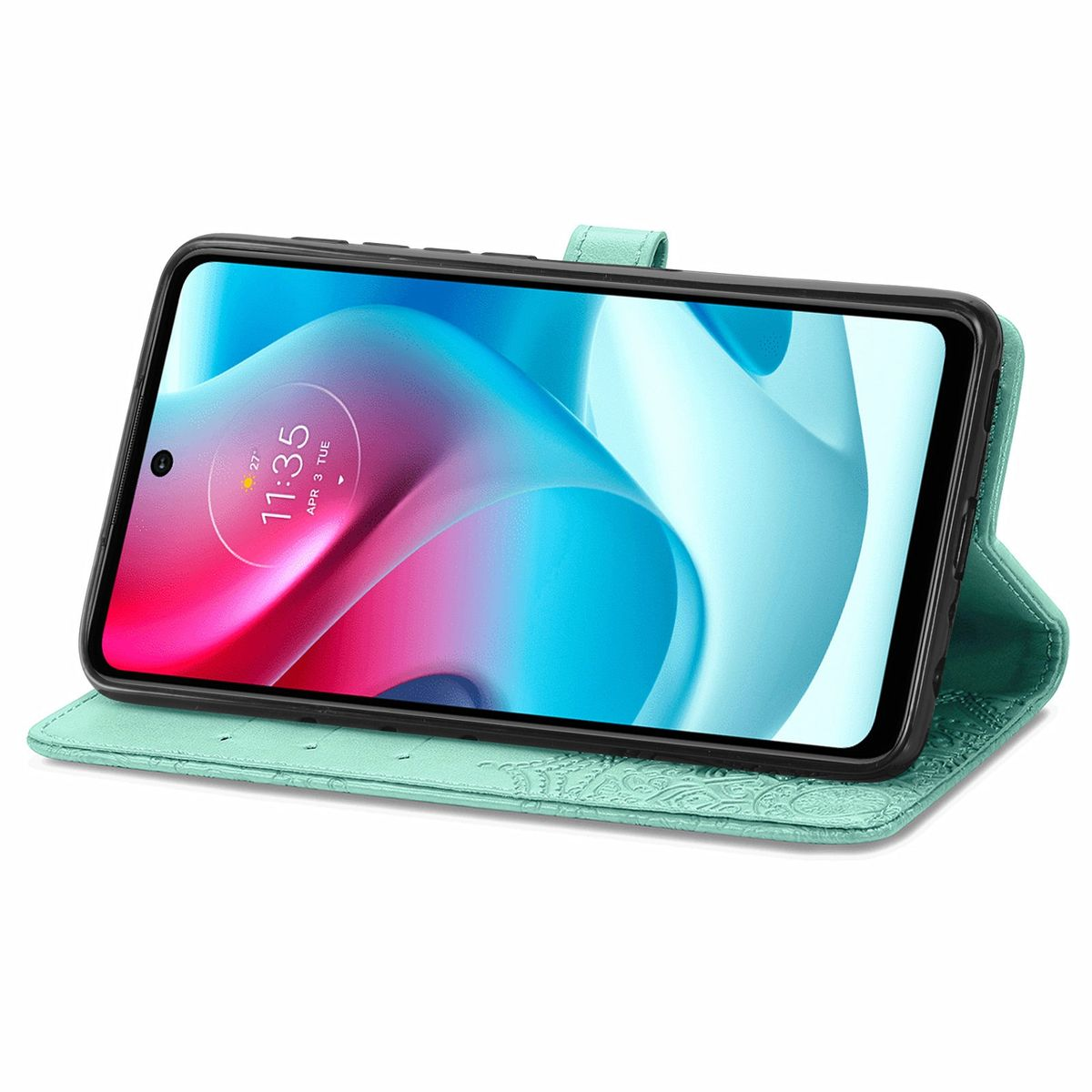 Telefon in mintgrüner Geldbörsenhülle. Die Hülle ist offen und zeigt den Telefonbildschirm.