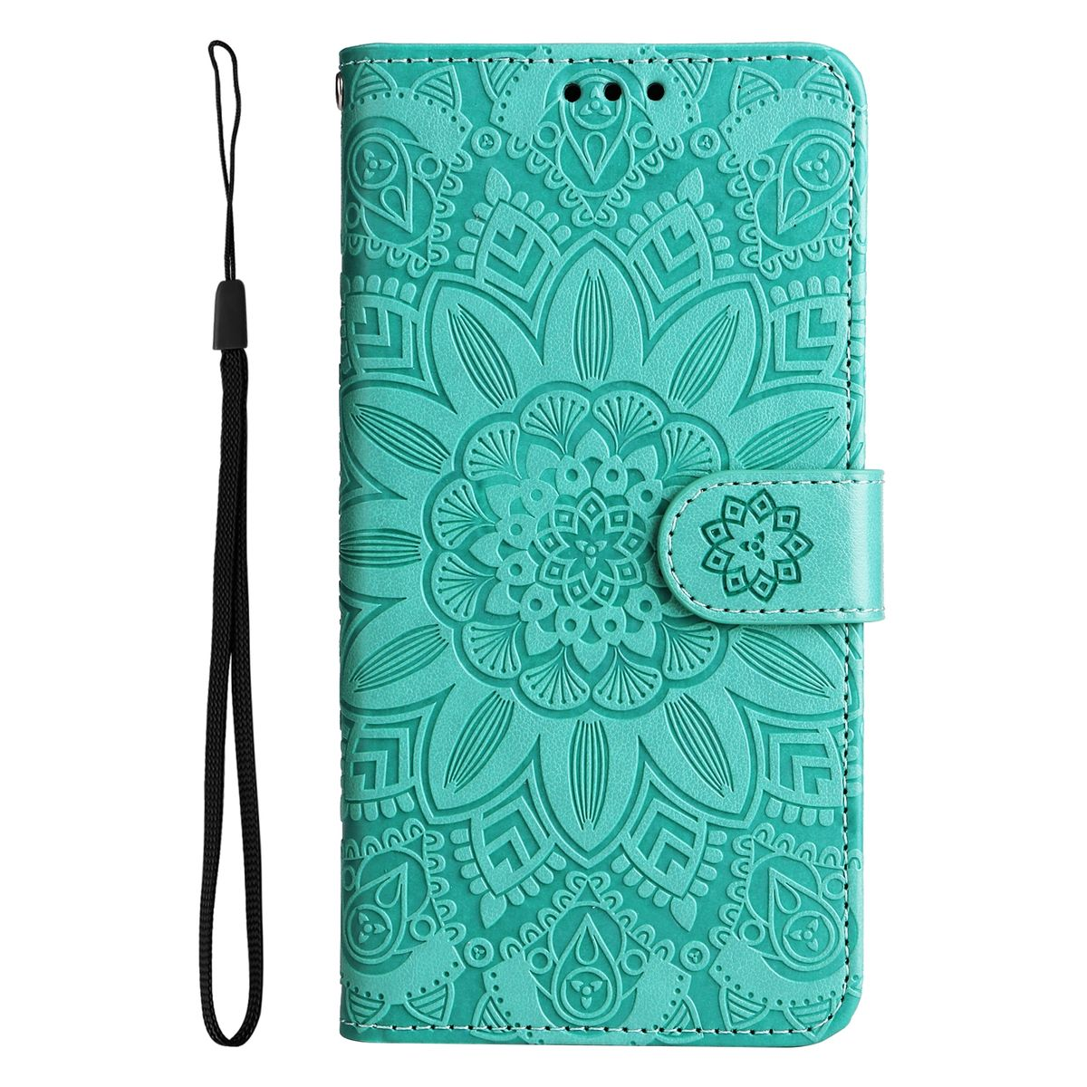 Türkisfarbene Handyhülle mit floralem Design und Handschlaufe. Hülle ist geschlossen.