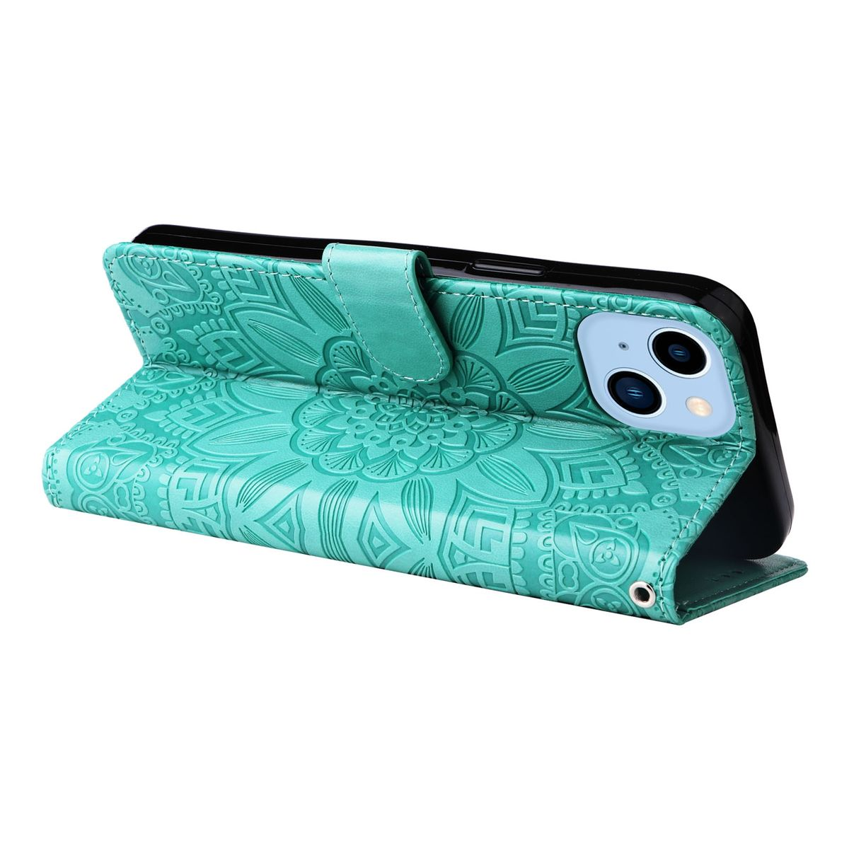 Türkisfarbene Handyhülle offen, zeigt die Rückseite des Telefons. Blumendesign. Telefonkamera sichtbar.