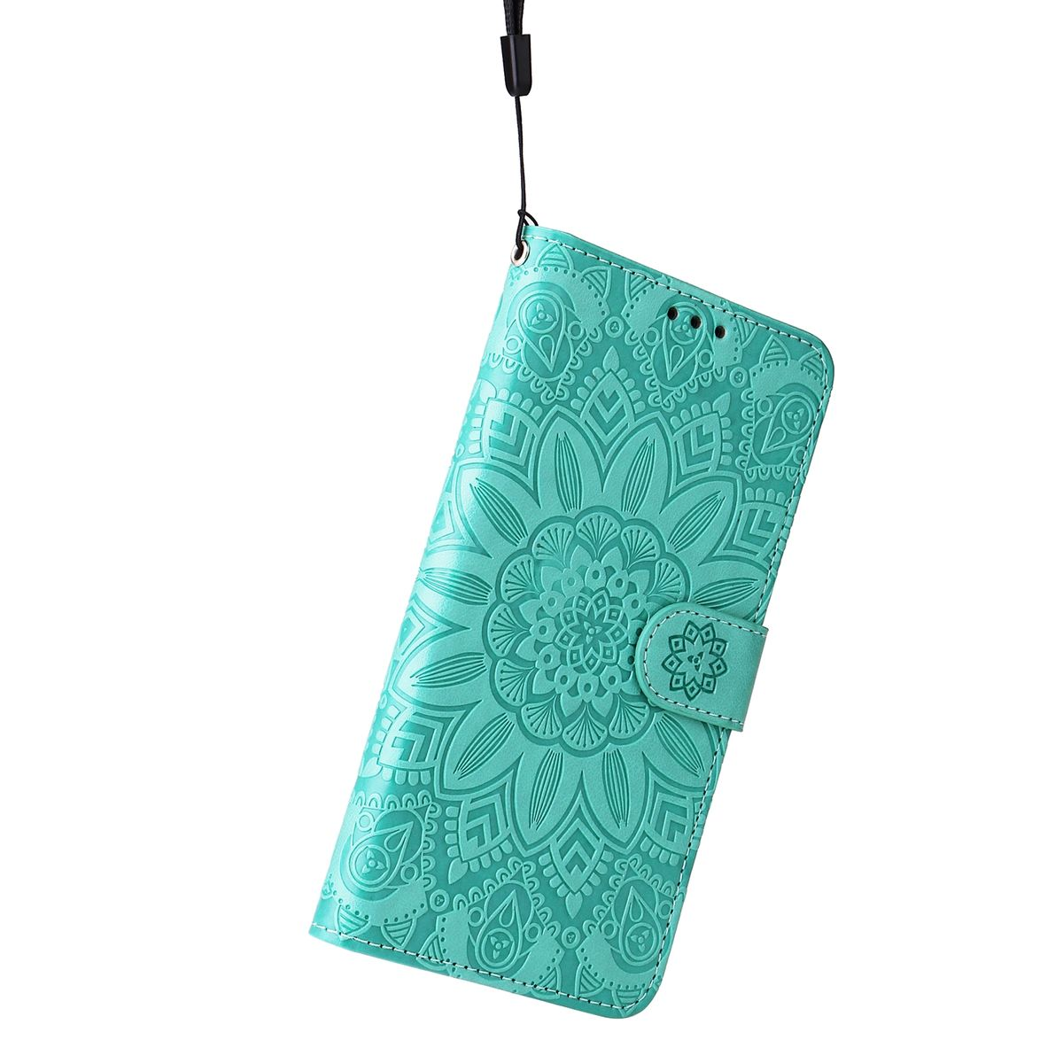 Türkisfarbene Handyhülle mit Blumendesign. Mit Magnetverschluss.