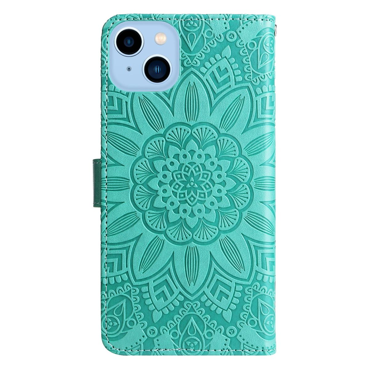 Türkisfarbene Handyhülle mit Mandala-Design. Telefon ist drin.