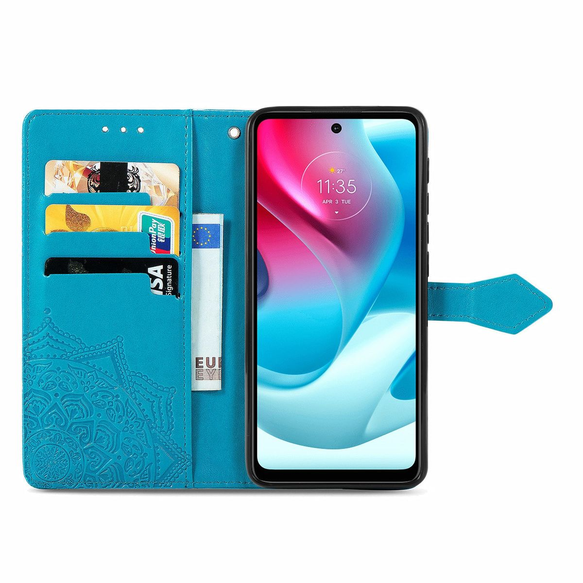 Blaue Handyhülle mit Karten und Bargeld. Der Telefonbildschirm zeigt ein farbenfrohes Bild.