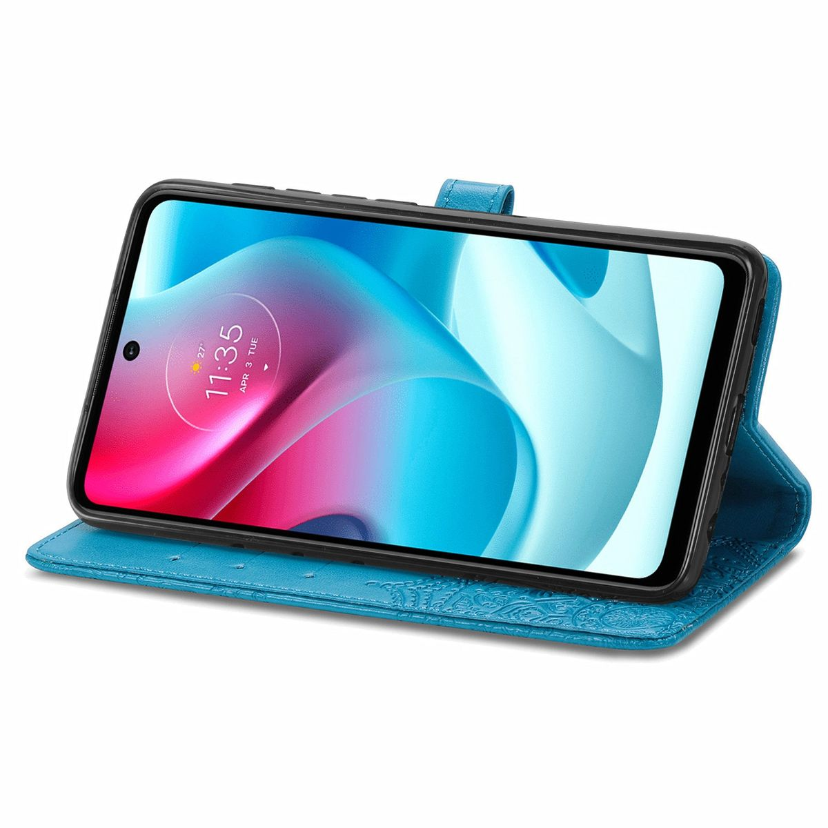Blaue Handyhülle geöffnet, mit Uhr auf dem Telefon. Die Hülle hat ein geprägtes Blumendesign.