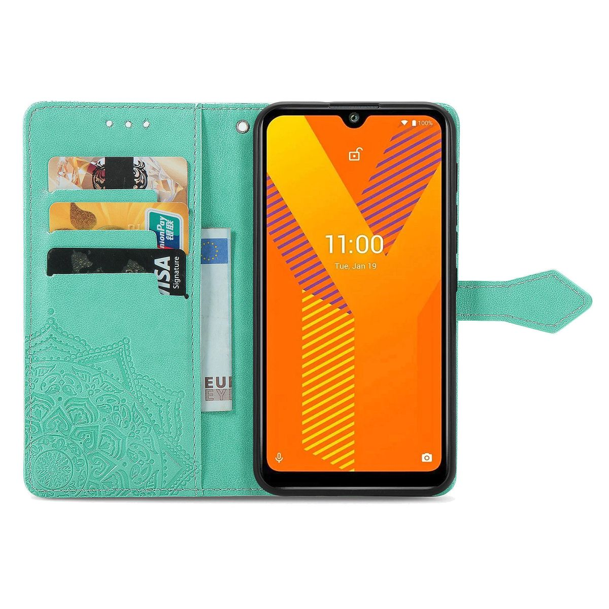 Geöffnete Handyhülle mit Telefon darin. Grünes Design mit Mandala, Kartenfächer sichtbar.