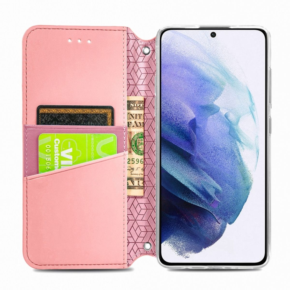 Rosa Handyhülle mit Telefon, Karten und Geldschein sichtbar im Inneren.