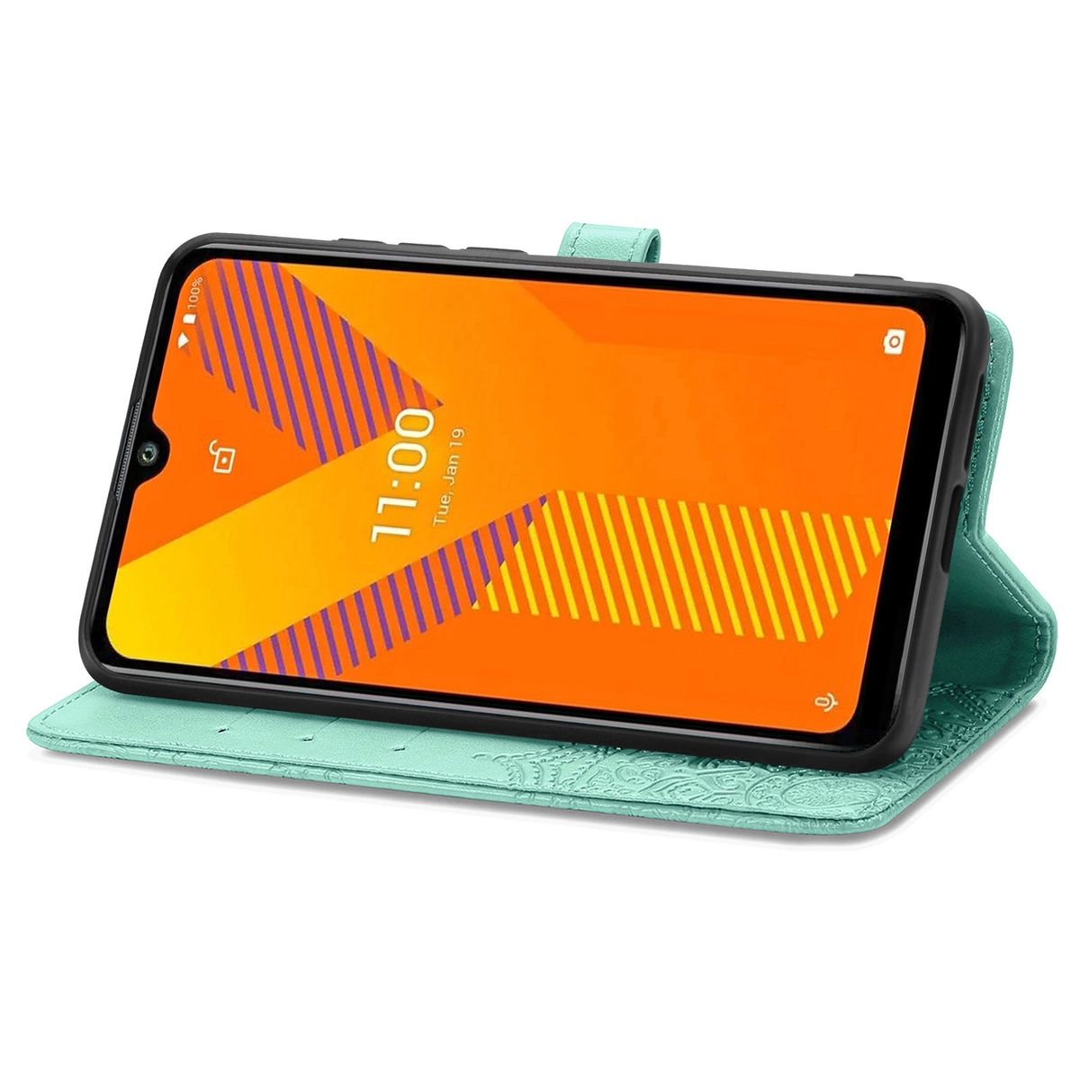 Telefon in grünem Gehäuse, Bildschirm mit orangefarbenem Hintergrund, Zeit angezeigt. Gehäuse geöffnet.