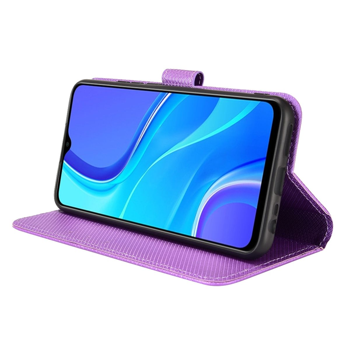 Eine lila Handyhülle, offen, mit einem Telefon mit blauem Bildschirm. Die Hülle ist strukturiert und hat einen Verschluss.