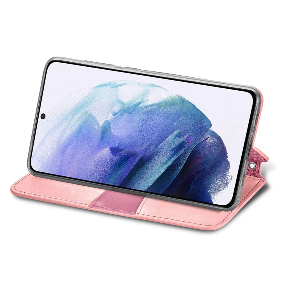 Rosa Handyhülle mit Telefon darin. Der Bildschirm zeigt blaue und lila Farben.