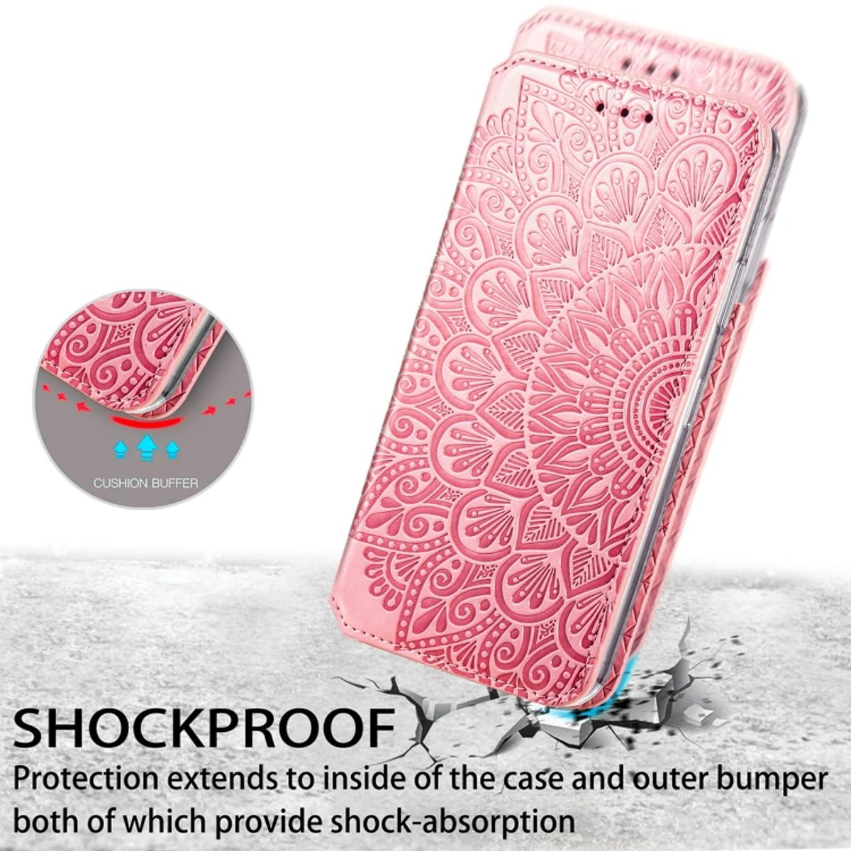 Rosa Handyhülle mit floralem Design. Sie ist offen und das Telefon ist nicht sichtbar.