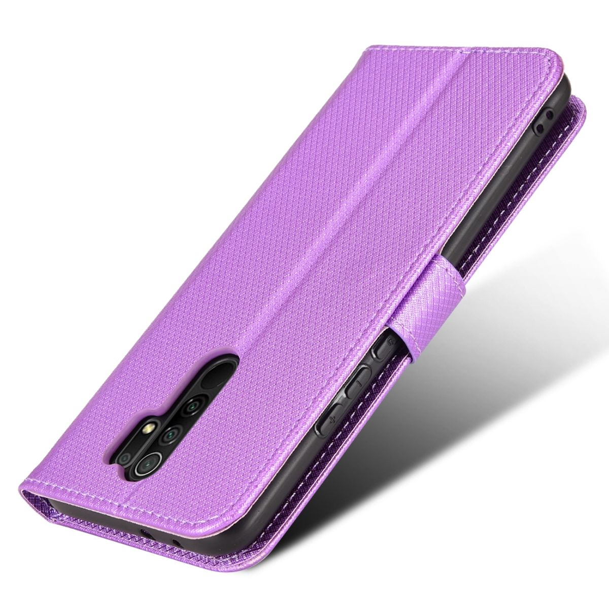 Lila Handyhülle mit Telefon. Die Hülle wird als Ständer genutzt. Mit Magnetverschluss.