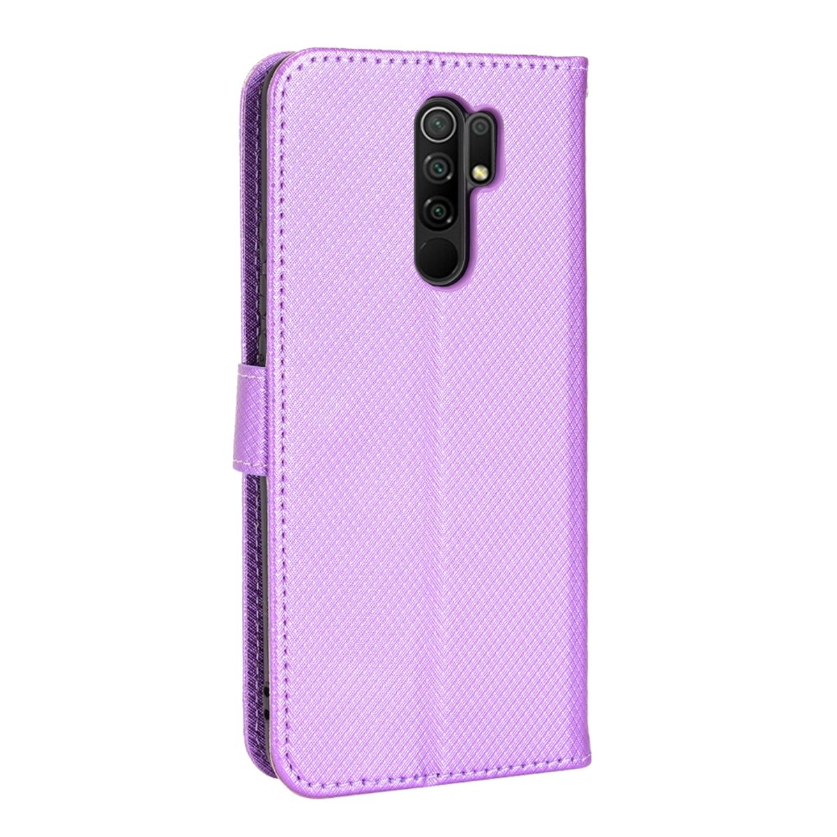 Lavendel-Handyhülle, geschlossen. Strukturierte Oberfläche, Magnetverschluss. Telefonkamera und Tasten sichtbar.