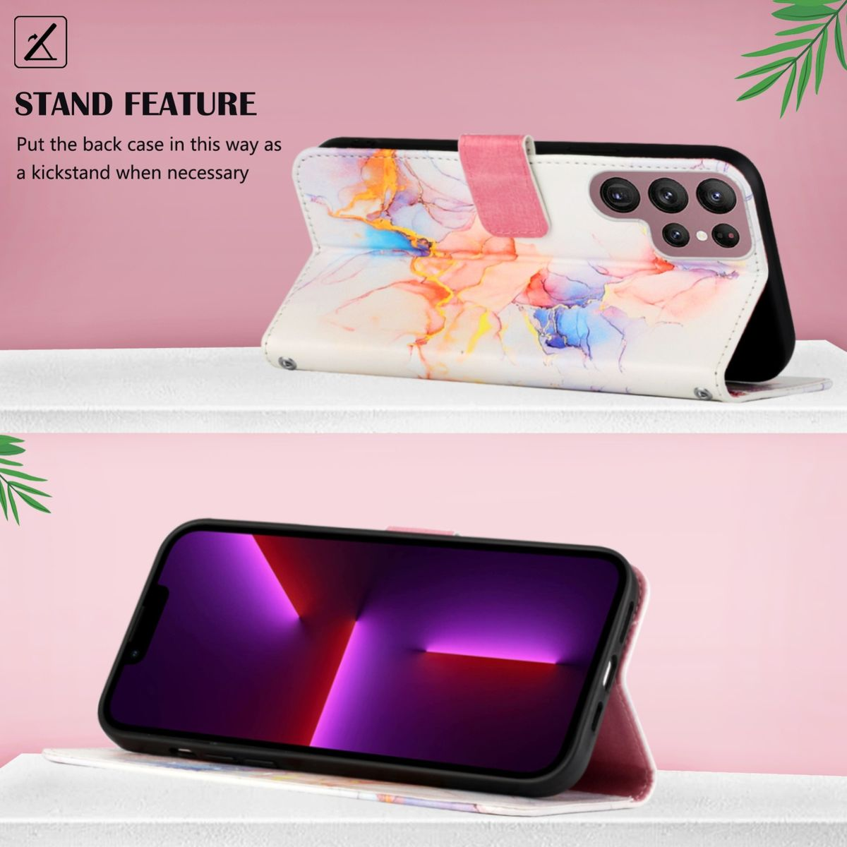 Eine Handyhülle mit floralem Design, offen als Ständer und geschlossen mit Magnetverschluss gezeigt.