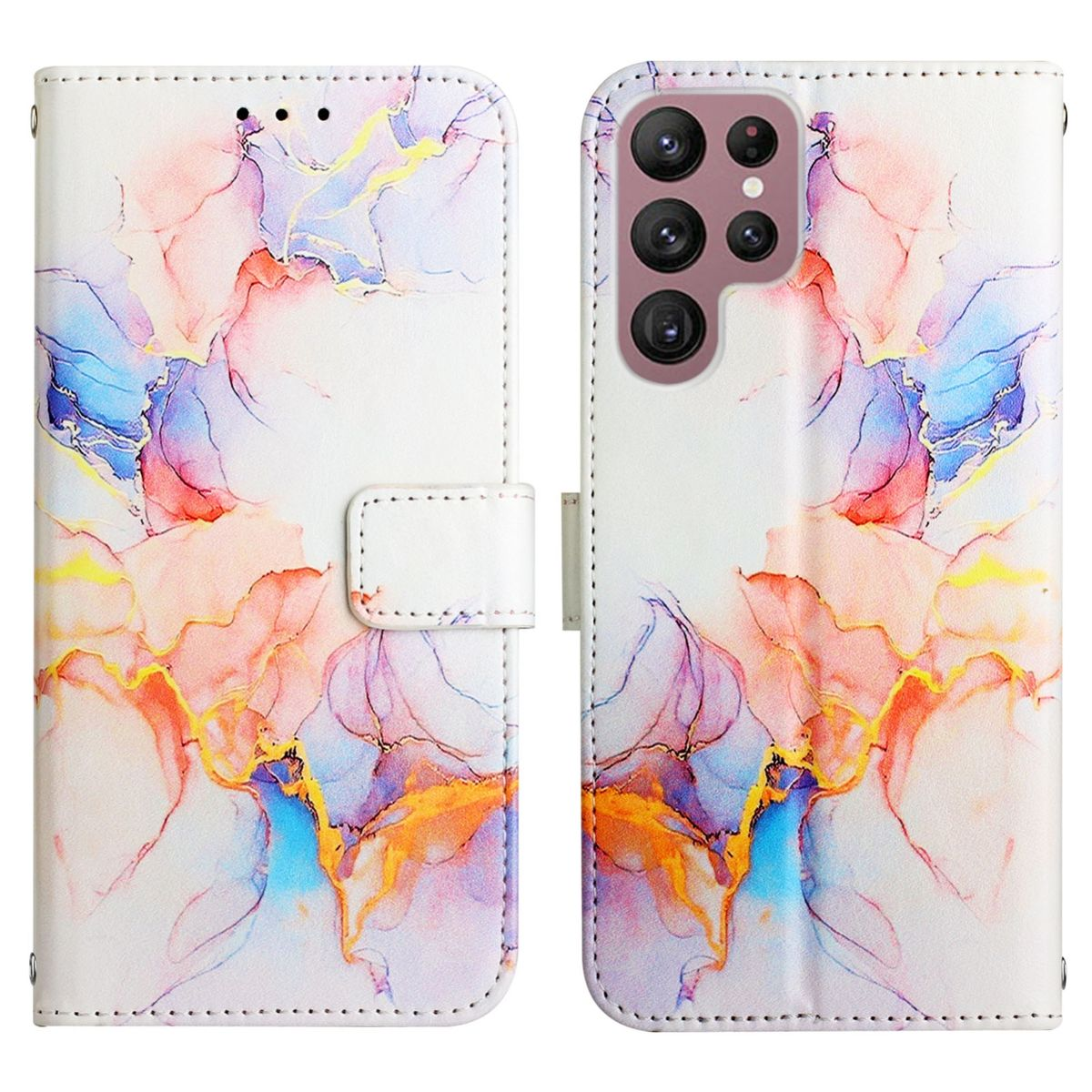 Offene Handyhülle mit buntem Blumenmuster. Das Telefon ist nicht sichtbar.