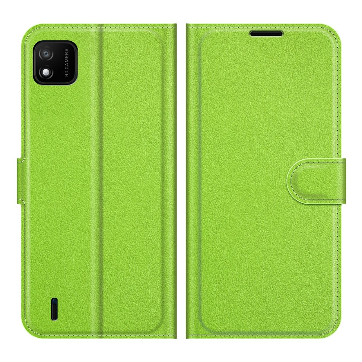 Grüne Handyhülle, rechts geschlossen, links offen, mit Telefon.