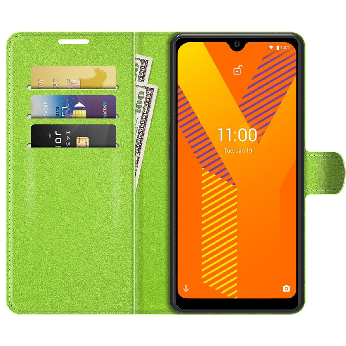 Grüne Handyhülle, offen, mit Karten und Geld. Telefon zeigt Uhrzeit.