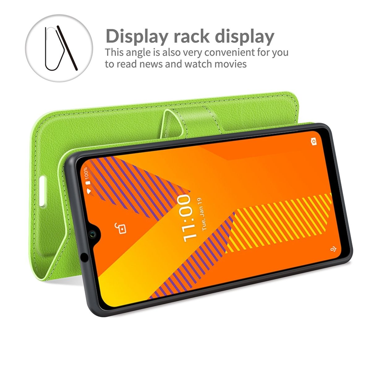 Geöffnete grüne Handyhülle mit einem Telefon, das einen Bildschirm mit Orange und Gelb zeigt.