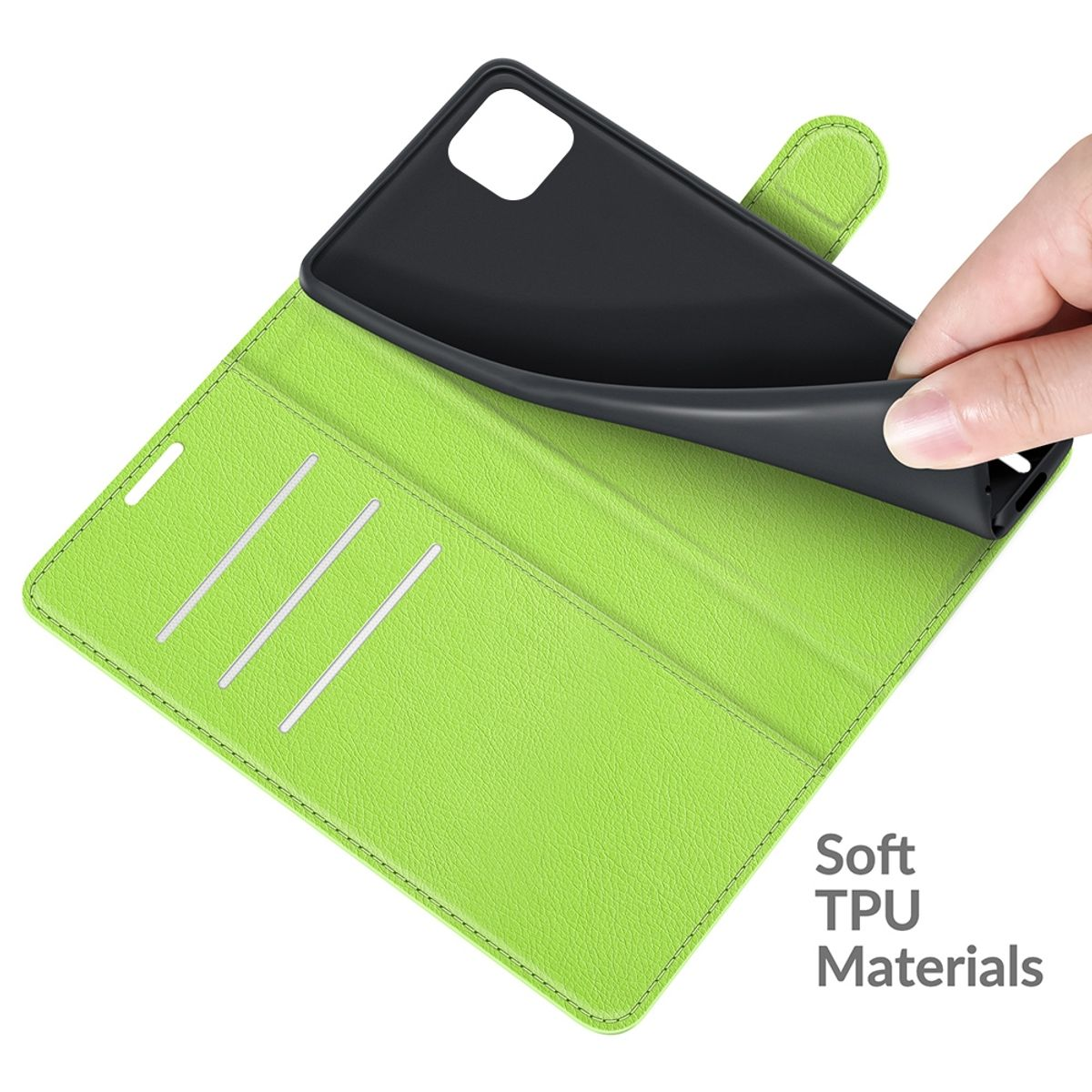 Grüne Handyhülle offen. Eine Hand entfernt das Telefon. Weiche TPU-Materialien.