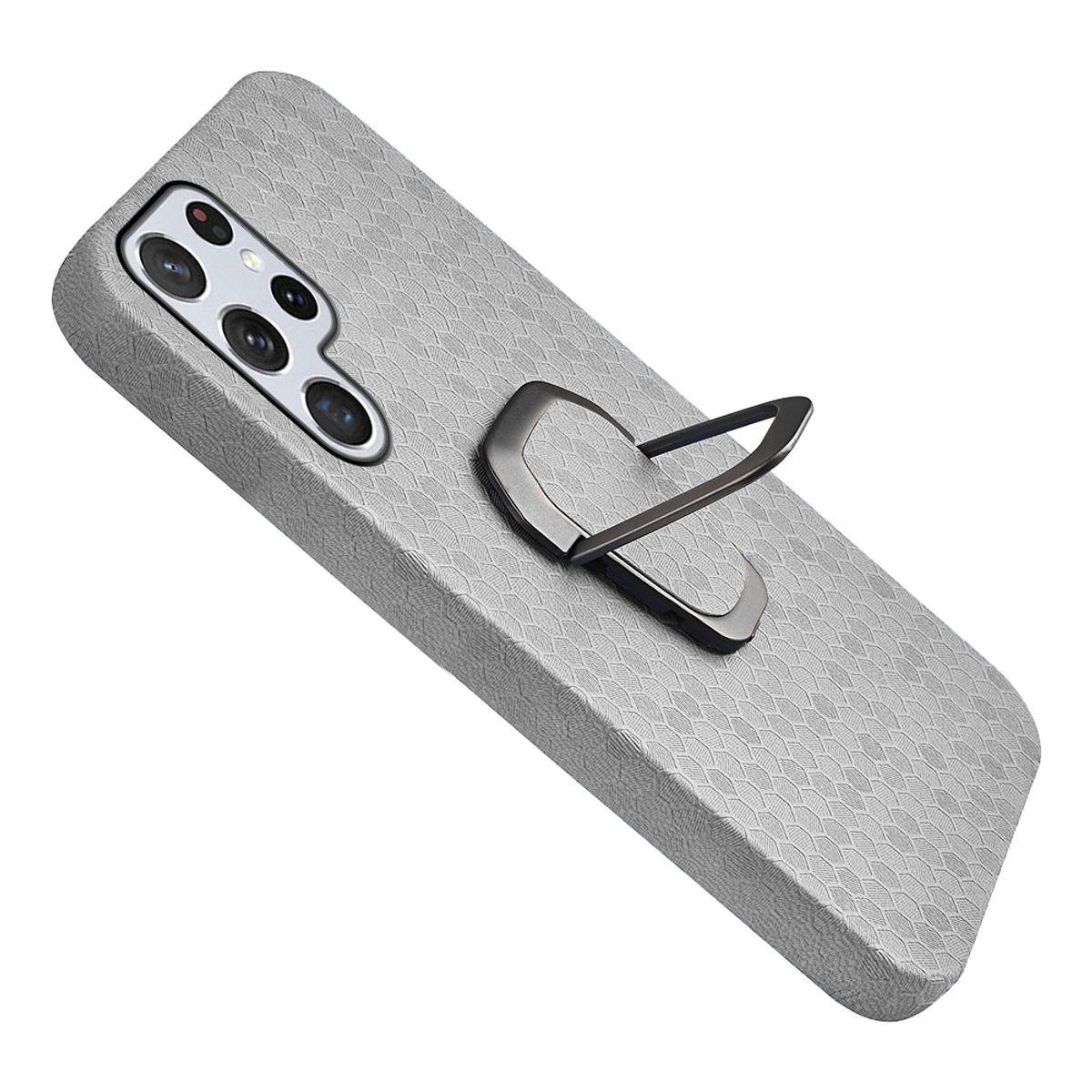 Eine Handyhülle mit silbernem Ring für einen Finger auf grauem Hintergrund.