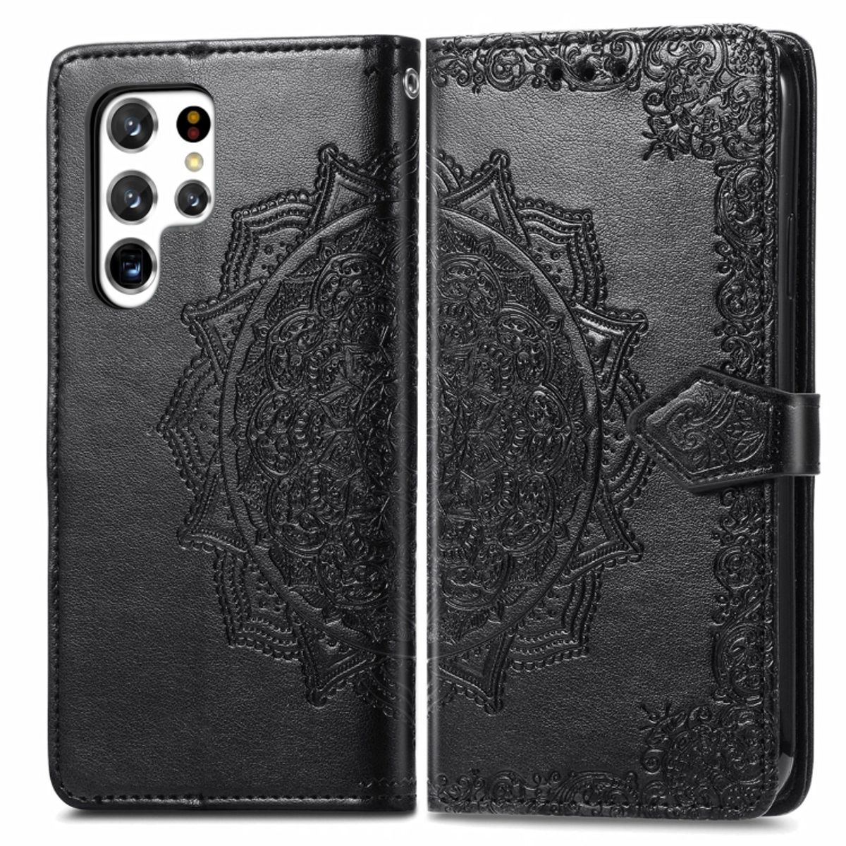 Schwarze Handyhülle mit Mandala-Design. Geöffnet, zeigt Telefon und Karten.