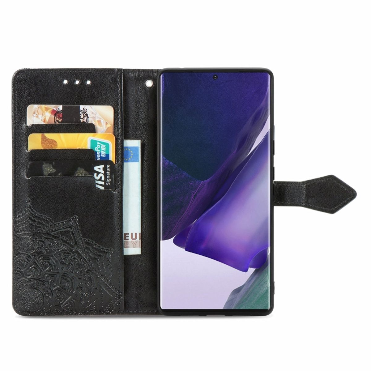 Schwarze Handyhülle, geöffnet, mit Karten und Geld. Das Telefon ist auf der rechten Seite.