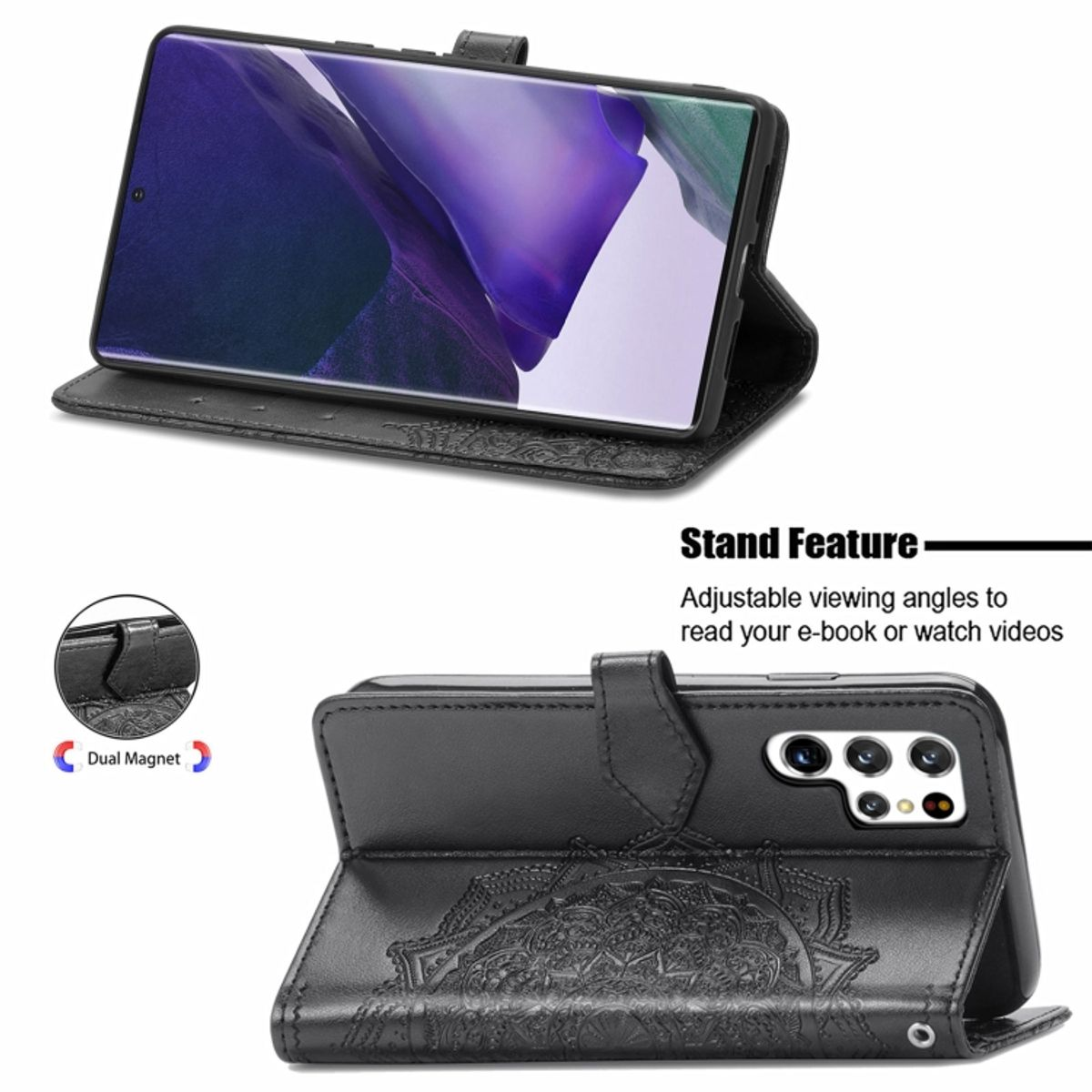 Schwarze Handyhülle, Telefon innen. Einstellbare Standfunktion. Mit Mandala verziert.