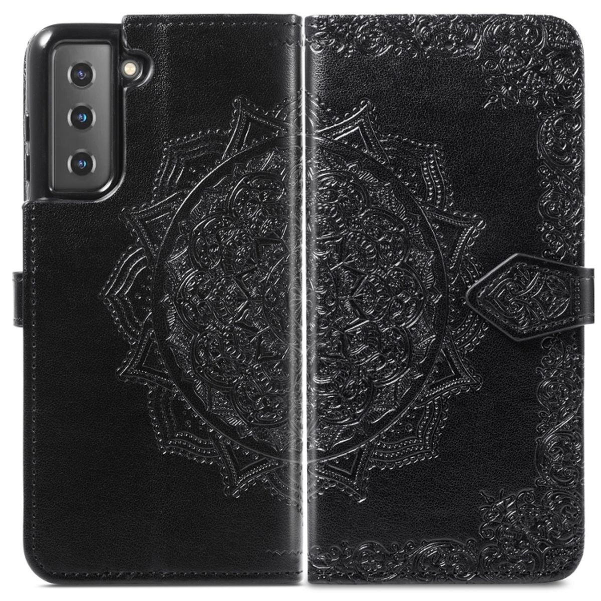 Schwarze Handyhülle mit geprägtem floralem Design. Die Handyhülle ist geschlossen. Weißer Hintergrund.