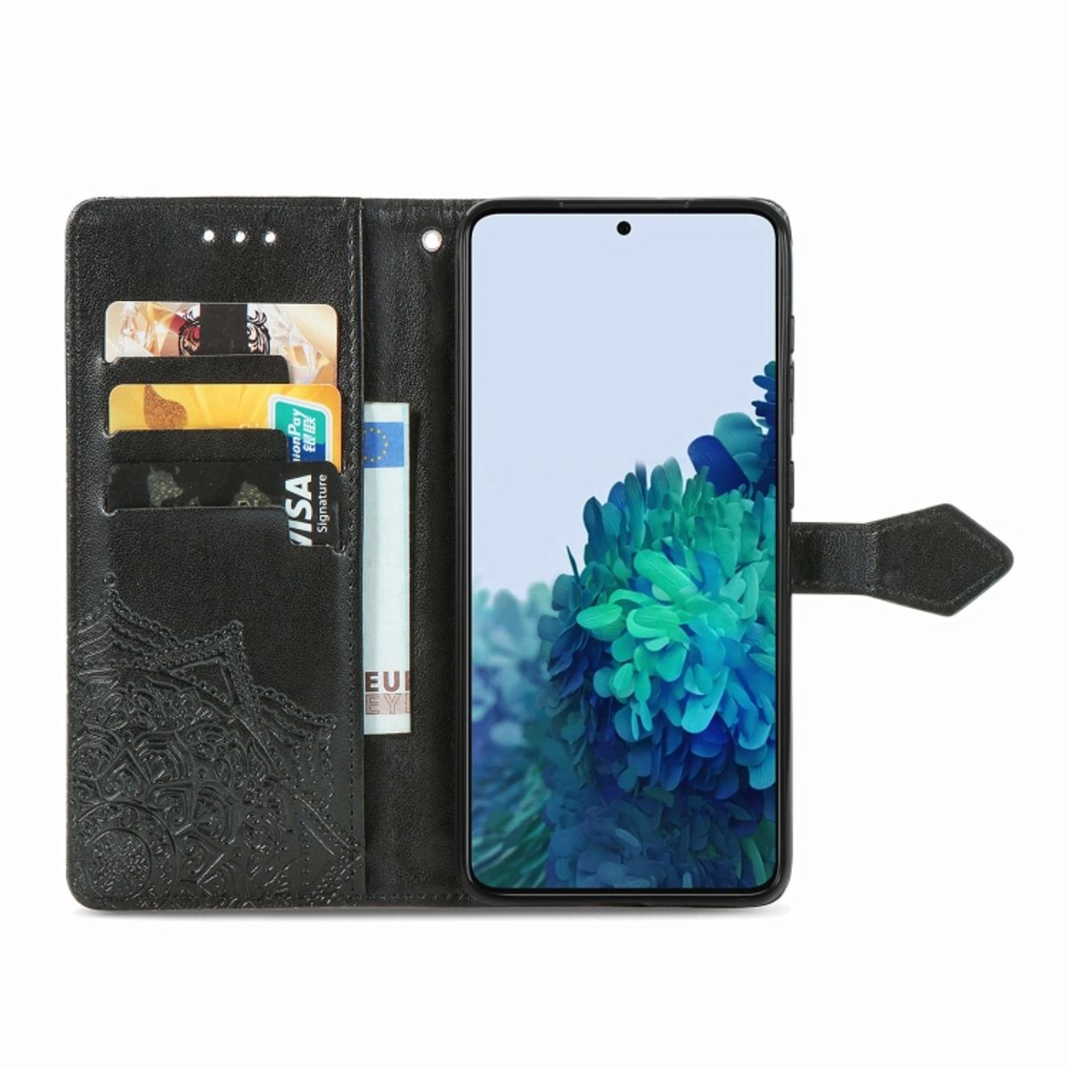 Offene schwarze Handyhülle mit Karten, Geld und Telefon mit blauer Blume.