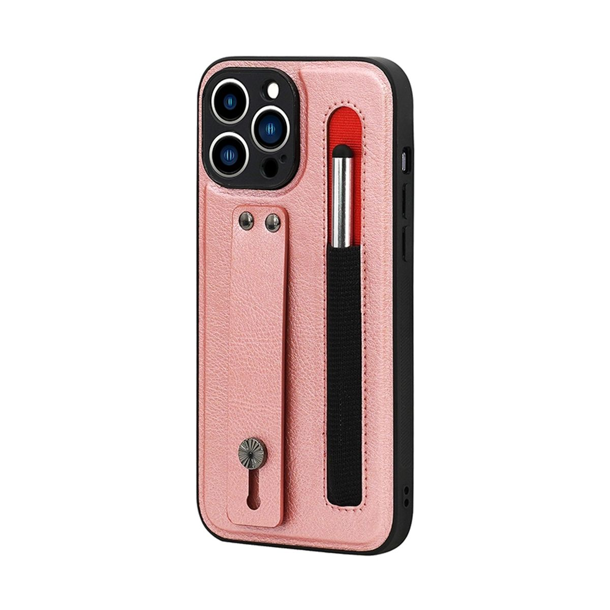 Pinke Handyhülle mit Stiftschacht und Ständer. Telefon hat eine sichtbare Kamera. Mehrere Ansichten.