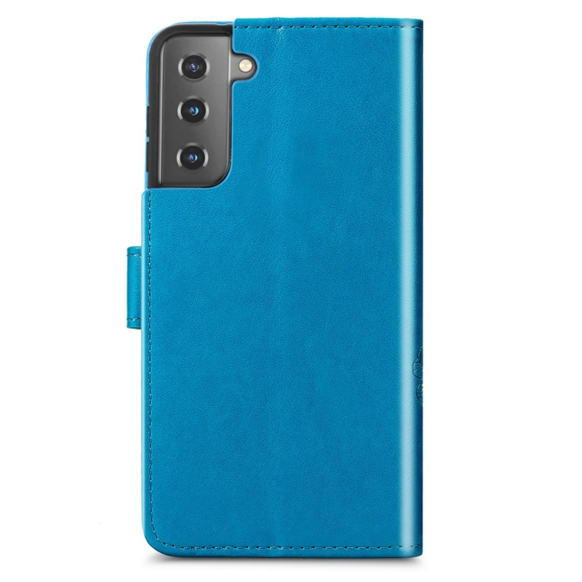 Blaue Handyhülle geschlossen. Ein Telefon befindet sich in der Hülle.